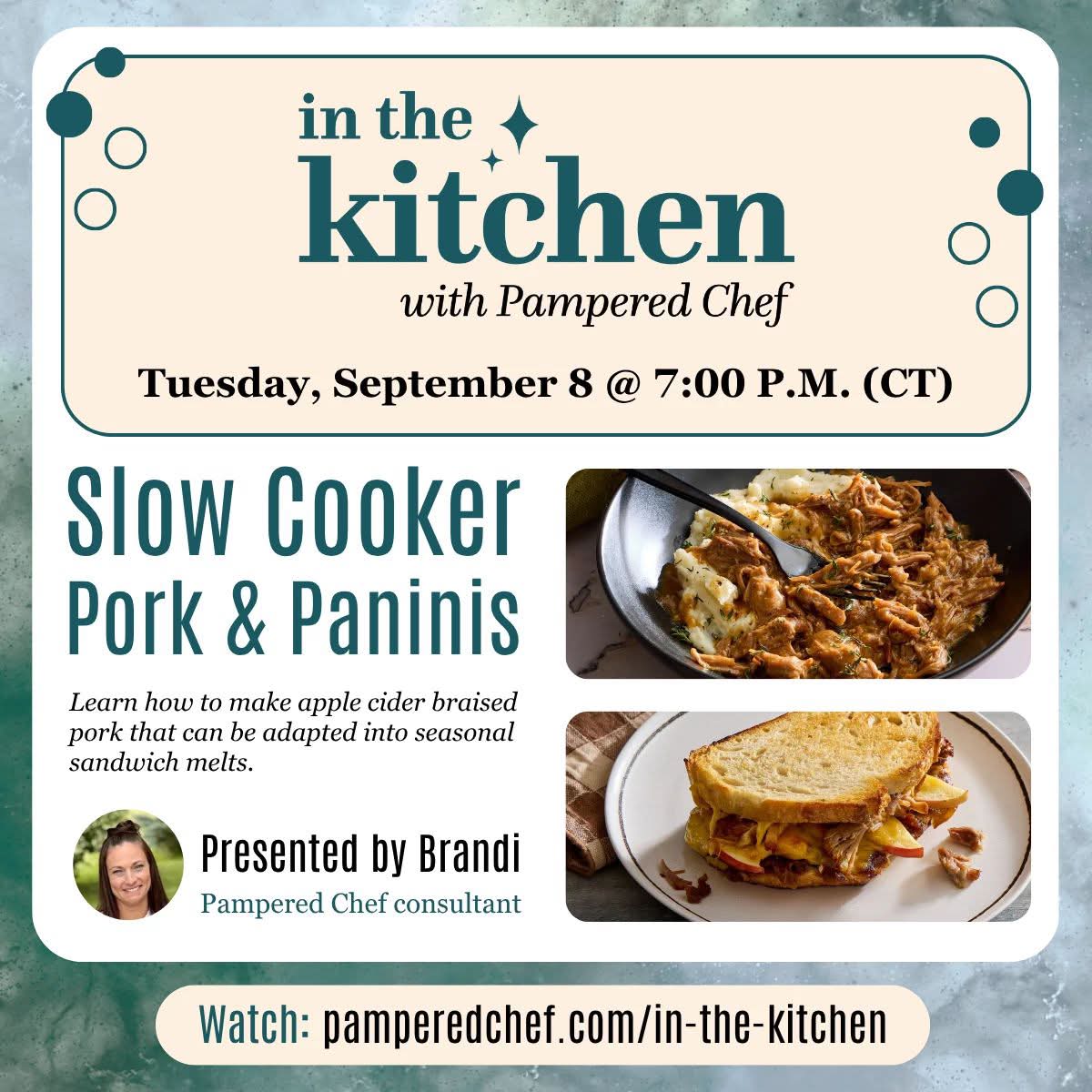🍎🍂 APPLE CIDER PORK & PANINIS 🍂🍎

📅 TONIGHT — September 8 @ 7 PM CT
Okayyyy… THIS is what fall is supposed to taste like! 

Join us tonight and learn how to let your slow cooker do the heavy lifting with tender, flavorful apple cider-braised pork. 

Then comes the really yummy part—we’re turning that pork into warm, melty seasonal sandwich melts that are perfect for an easy fall dinner. 

One slow cooker recipe ➡️ delicious pork ➡️ another meal waiting to happen.

Because cooking once and getting more than one meal out of it? THAT’S my kind of kitchen math! 

🍎 Tonight | 7 PM CT
Come hungry… or at least prepared to BE hungry!

🔗 https://www.pamperedchef.com/pws/robindae/in-the-kitchen