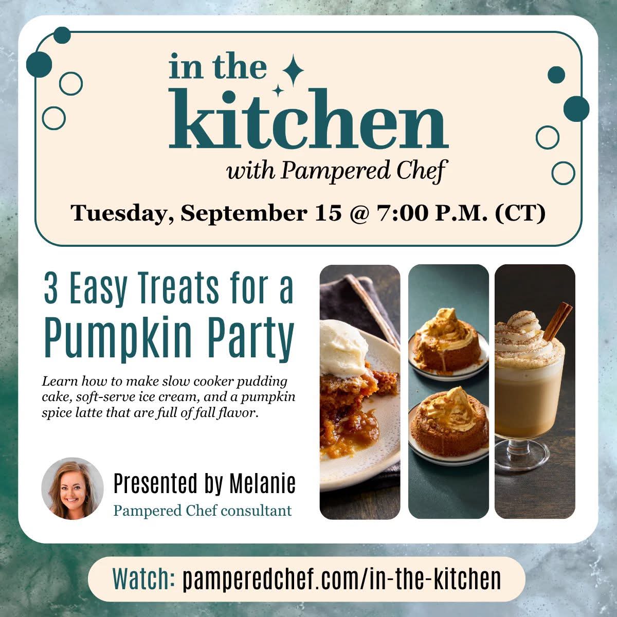 🎃 Calling all pumpkin lovers!

3 Easy Pumpkin Party Treats
📅 September 15 @ 7pm CT

We’re going ALL IN on fall flavor! Learn how to whip up a gooey Slow Cooker Pumpkin Pudding Cake, creamy Pumpkin Soft-Serve Ice Cream, AND a cozy Homemade Pumpkin Spice Latte.

Basically… pumpkin is the main character tonight. 😂

Come see how easy it is to make these fall treats at home!

🔗 https://www.pamperedchef.com/pws/robindae/in-the-kitchen