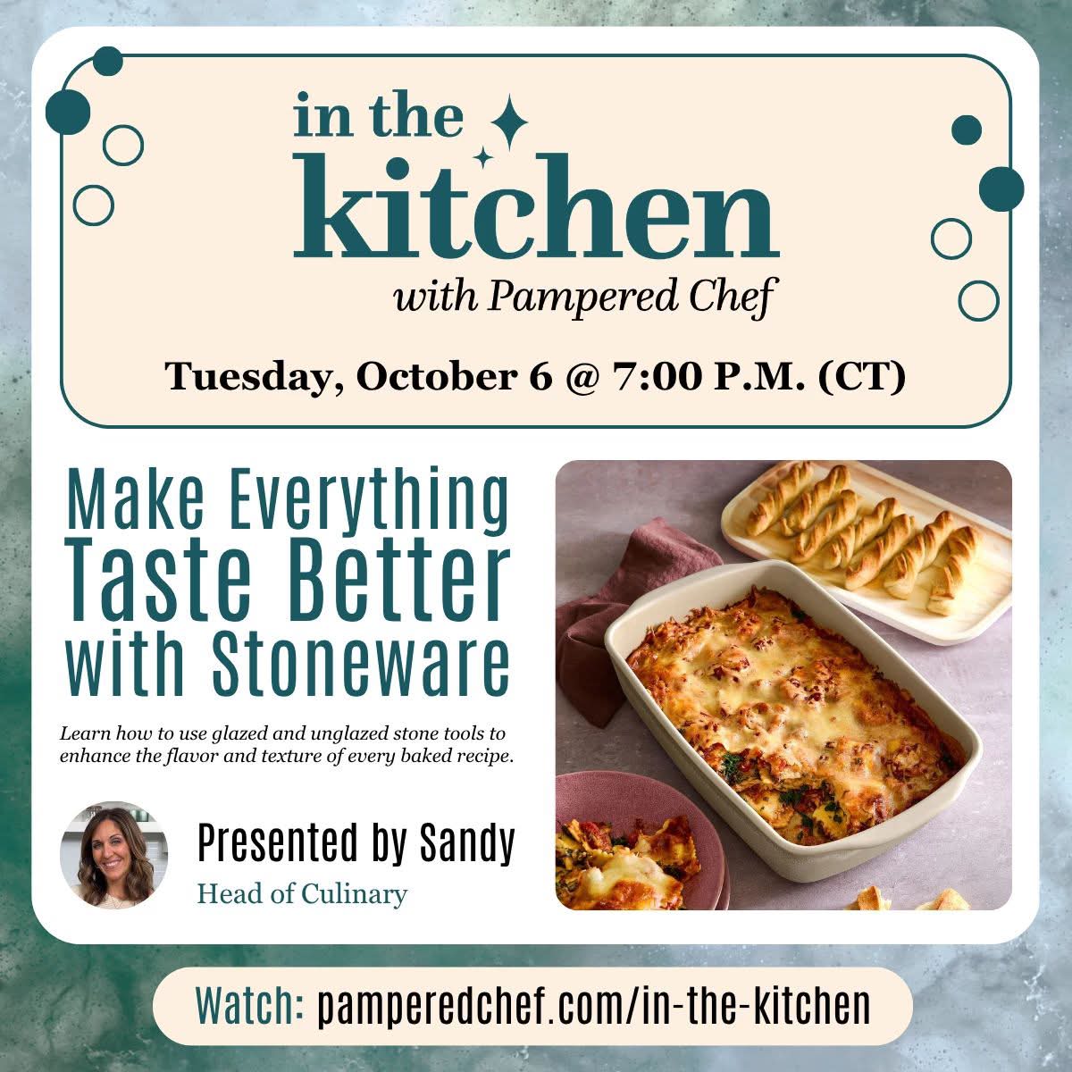 👩🏻‍🍳 STONEWARE MASTER CLASS! 👩🏻‍🍳

If you already LOVE your stoneware—or you have a piece sitting in the cabinet wondering what the heck to do with it 😂—this class is for YOU!

📅 TONIGHT, October 6
⏰ 7 PM CT

We’re talking all things STONEWARE and showing you how different pieces can help you get those crispy edges, perfectly baked centers, and downright delicious results. 🙌

Come learn a few tips, get some fresh ideas, and see why stoneware has been a Pampered Chef favorite for SO many years!

Who’s ready to get their bake on?! 🙋🏻‍♀️

🔗 https://www.pamperedchef.com/pws/robindae/in-the-kitchen