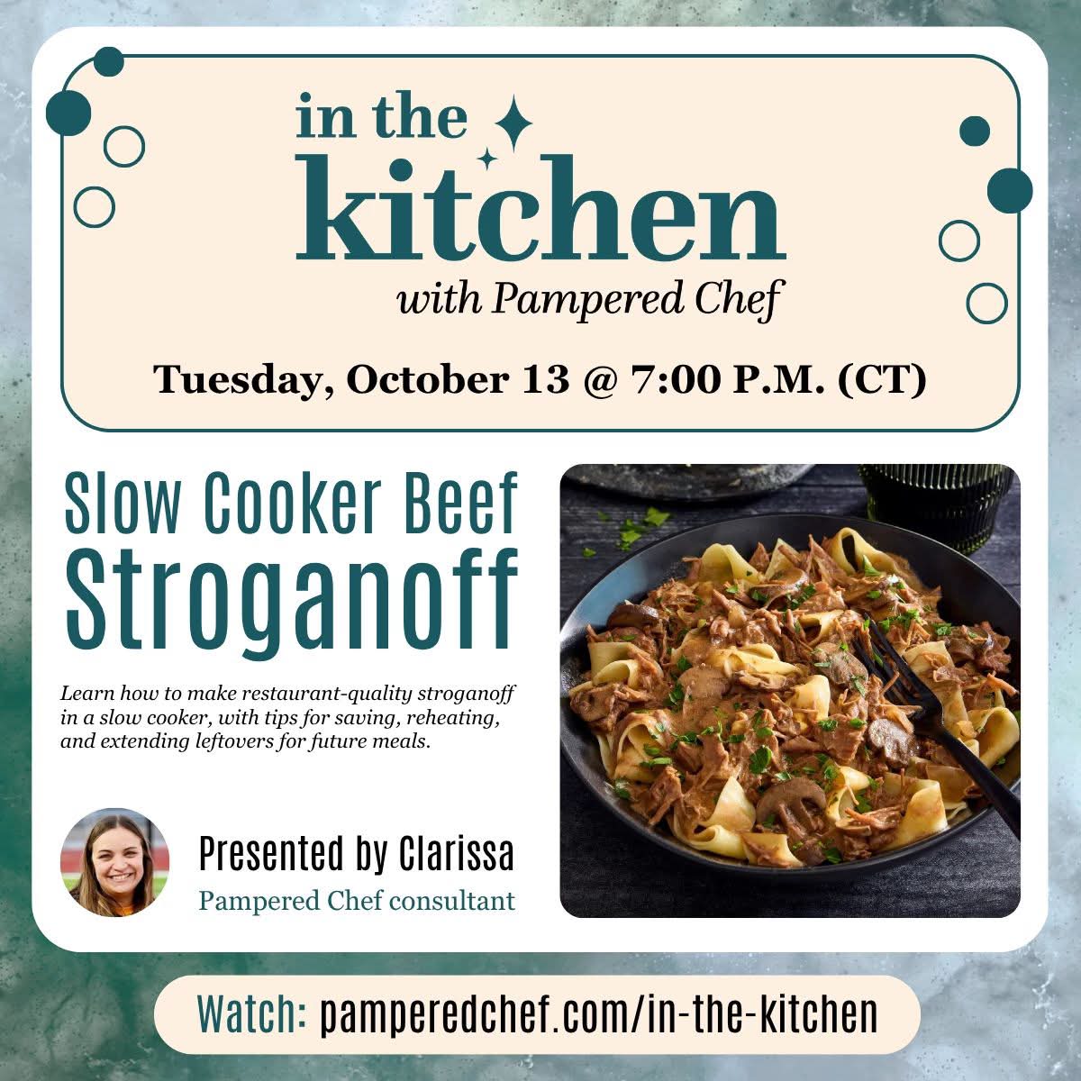🍂 SLOW COOKER COMFORT FOOD ALERT! 🍂

Tonight, October 13 @ 7 PM CT!

Who says you need a fancy restaurant to enjoy a delicious Beef Stroganoff? NOT ME! 😂

Join us as we whip up restaurant-quality Slow Cooker Beef Stroganoff that's rich, creamy, and oh-so-comforting!

And because we LOVE making life easier, you'll also learn tips for storing, reheating, and stretching those leftovers into even MORE meals!

Less time in the kitchen, more time enjoying dinner! Now THAT'S my kind of cooking!

Who's ready to let the slow cooker do the heavy lifting? 🙋🏻‍♀️

🔗 https://www.pamperedchef.com/pws/robindae/in-the-kitchen